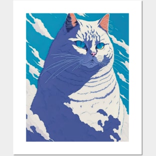 a big chonky white cat with blue eyes merged with the clouds - anime style Posters and Art